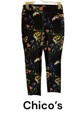 CHICO'S Black Beautiful Floral Straight Leg Pants  SIZE:  4      #10